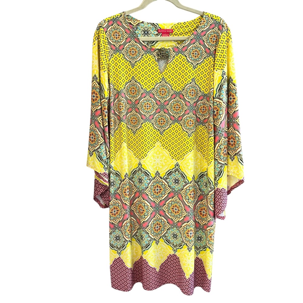 Sunny Leigh Womens Yellow Medallion Print Bell Sleeve Keyhole Shift Dress Large